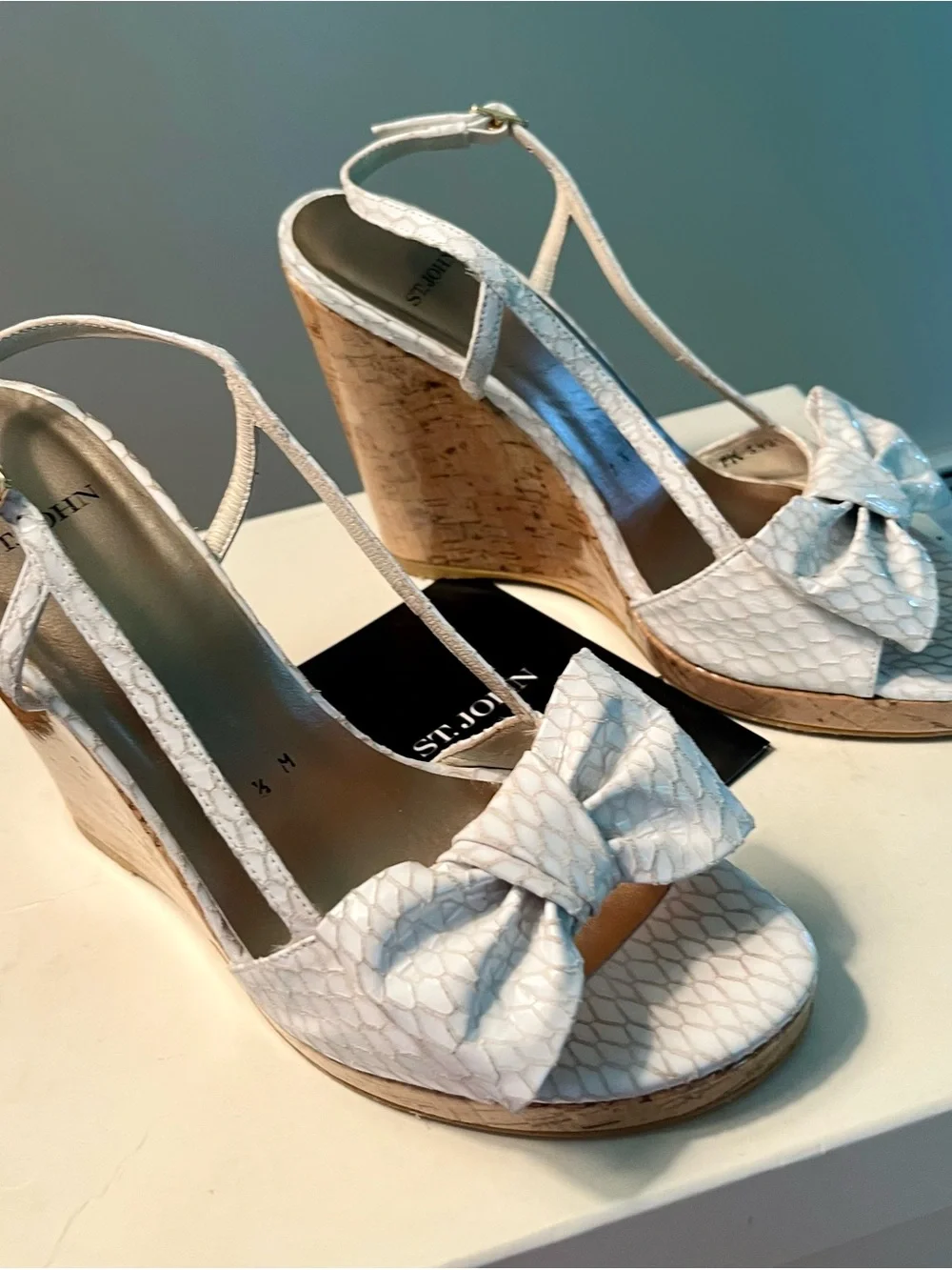 St. John White Textured Bow Wedge Sandals